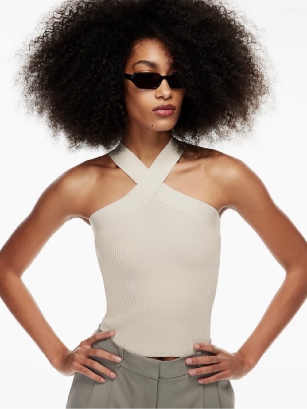 Aritzia Babaton Sculpt Knit Criss Cross Tank Top Halter Pearl Ivory White 2XS XS